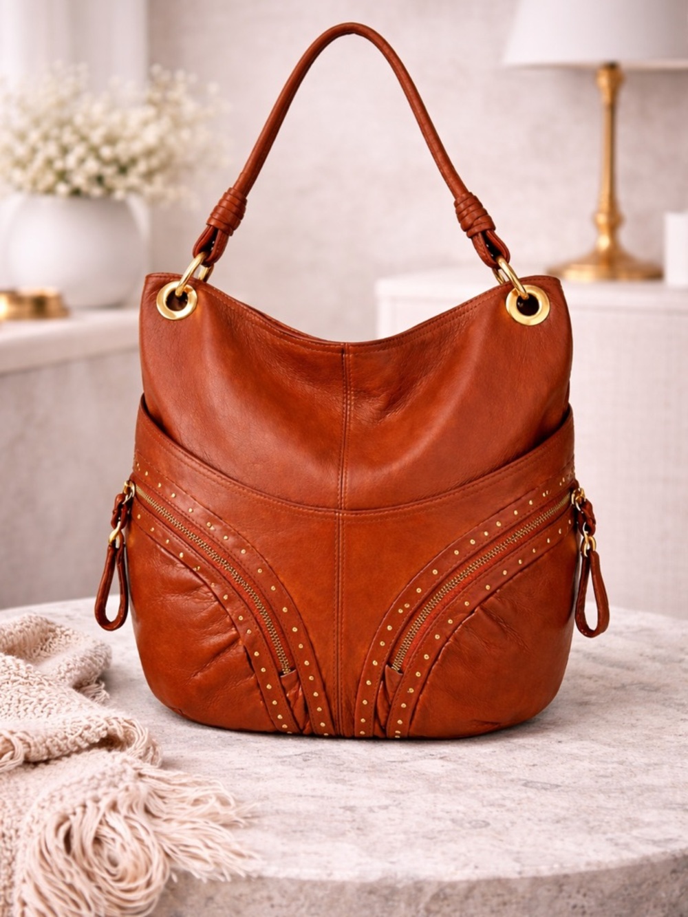 B Makowsky Brown Leather Hobo Bag Studded Shoulder Purse Boho
